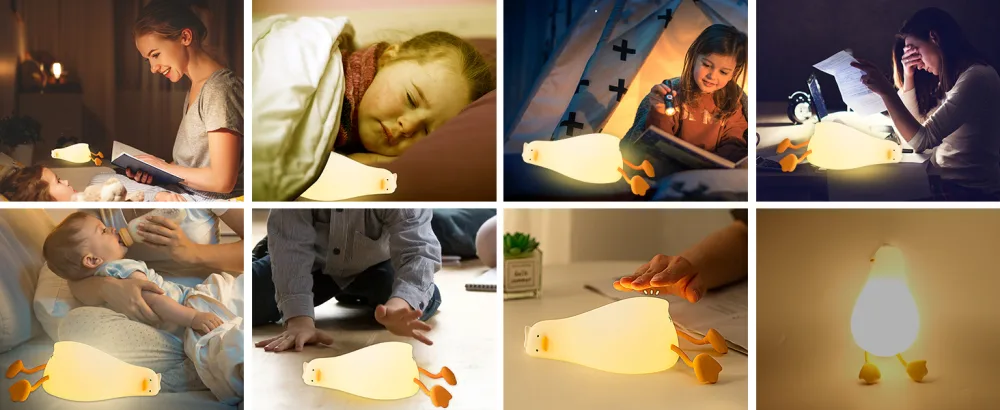 QKTYB Duck Lamp Lying Flat Duck Night Light Kids Night Lamp with 3 Speed Adjustable Light Smart Bedside Lamp with Flap Sensor Silicone Rechargeable Night Warm Light with 30 Minutes Timer - Nursery Nightlight