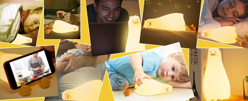 QKTYB Duck Lamp Lying Flat Duck Night Light Kids Night Lamp with 3 Speed Adjustable Light Smart Bedside Lamp with Flap Sensor Silicone Rechargeable Night Warm Light with 30 Minutes Timer - Silicone Rechargeable Night
