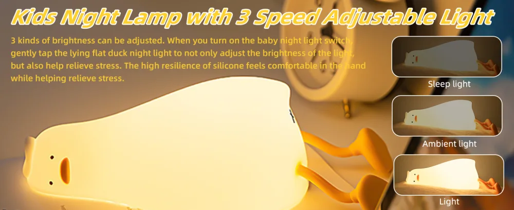 QKTYB Duck Lamp Lying Flat Duck Night Light Kids Night Lamp with 3 Speed Adjustable Light Smart Bedside Lamp with Flap Sensor Silicone Rechargeable Night Warm Light with 30 Minutes Timer - Smart Bedside Lamp with Flap Sensor