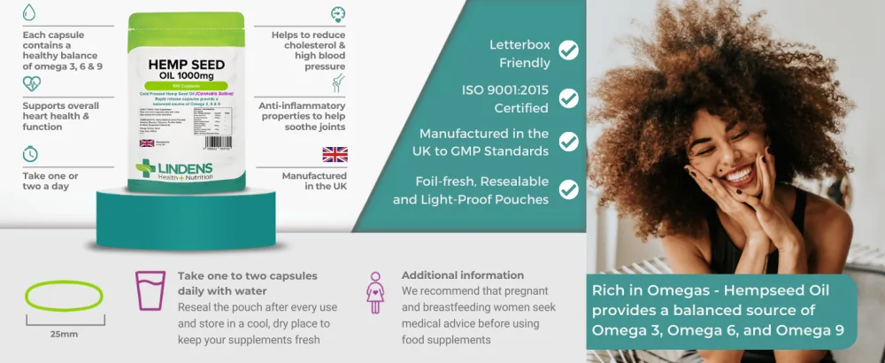 Lindens Hemp Seed Oil 1000mg - 100 Capsules - Source of Omega 3 6 & 9 | Cold Pressed Made in The UK - Image 3
