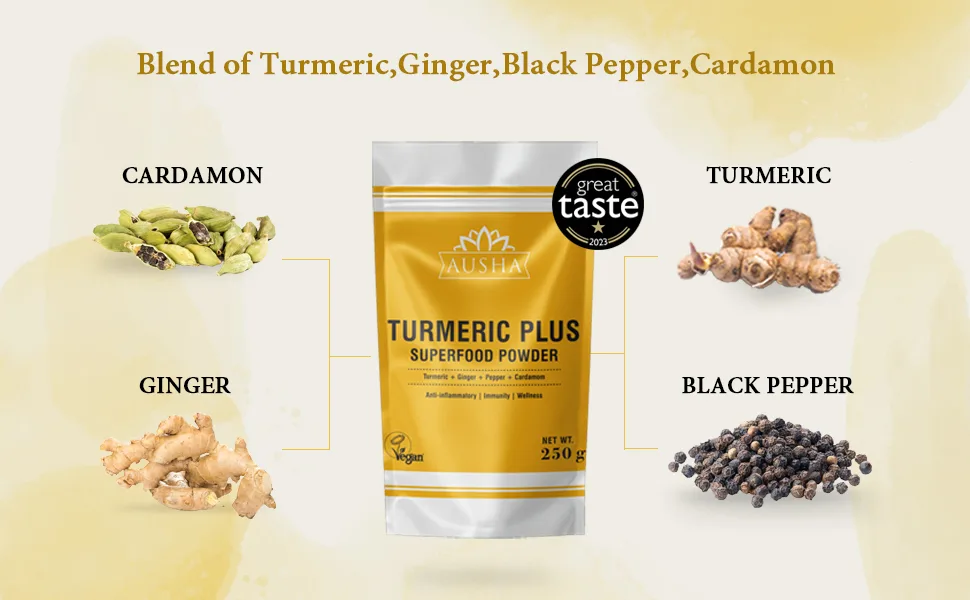 Ausha Turmeric Powder (Curcumin) with Black Pepper + Ginger + Cardamom - 250g | High Strength | Cooking | Superfoods - turmeric powder
