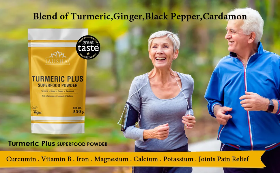 Ausha Turmeric Powder (Curcumin) with Black Pepper + Ginger + Cardamom - 250g | High Strength | Cooking | Superfoods - turmeric powder