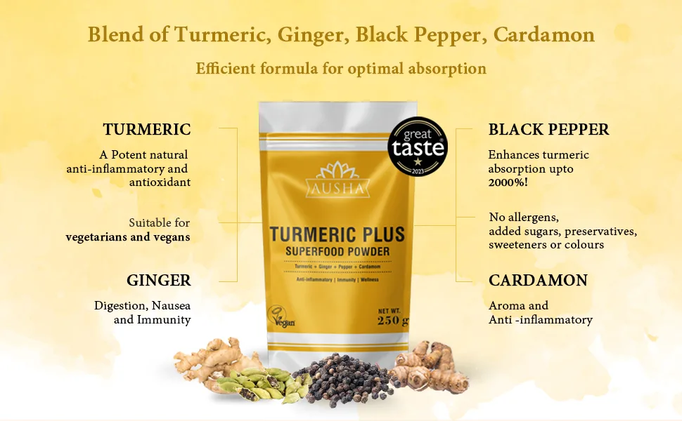 Ausha Turmeric Powder (Curcumin) with Black Pepper + Ginger + Cardamom - 250g | High Strength | Cooking | Superfoods - turmeric with black pepper