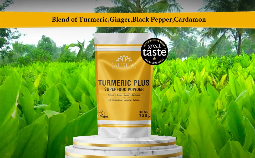 Ausha Turmeric Powder (Curcumin) with Black Pepper + Ginger + Cardamom - 250g | High Strength | Cooking | Superfoods - turmeric with ginger