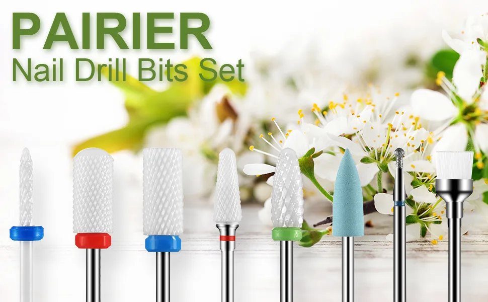PAIRIER 8pcs Ceramic Nail Drill Bits Sets Efile Cuticle Nail Bits 3/32" Professional Electric Diamond Tungsten Carbide Nail Drill Bits Kit for Manicure Pedicure Home Use Great Gift (White) - product information 8