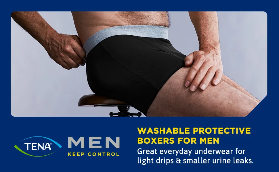 TENA Men - Washable Protective Pants - Soft Comfy and Secure Boxers for Drips and Dribbles - Invisible Protection Classic Cut - Light Absorption - Pack of 1 - Black - Size XL - Washable protective boxers for men