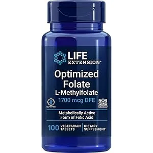 Life Extension Optimised Folate 5-MTHF high dose 100 Vegan Tablets Laboratory Tested Vegetarian Gluten-Free Soy-Free Non-GMO - Folate
