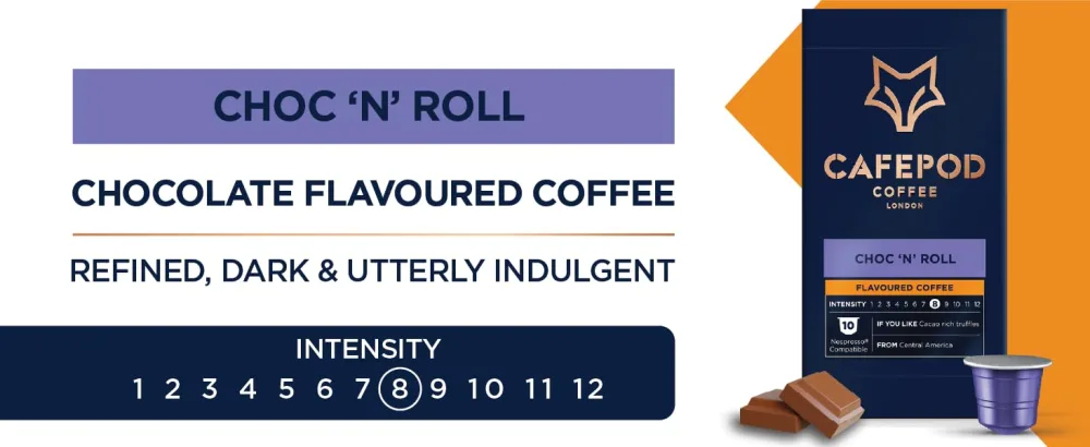 CafePod Flavoured Coffee Pods Nespresso Compatible Chocolate 60 Aluminium Capsules Chocolate 60 count (Pack of 1) - Chocolate flavoured coffee - Intensity 8