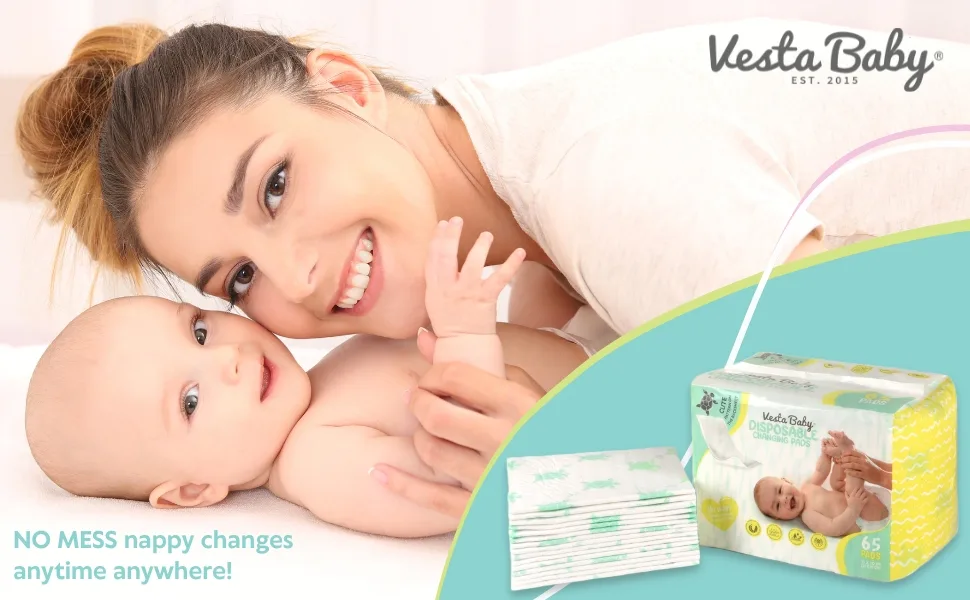 Vesta Baby Disposable Changing Pads - 65 Soft Absorbent Leak Proof Incontinence Mats - Newborn Portable Nappy Change Underpads - Protection Waterproof Liners - vesta baby disposable changing pad liners