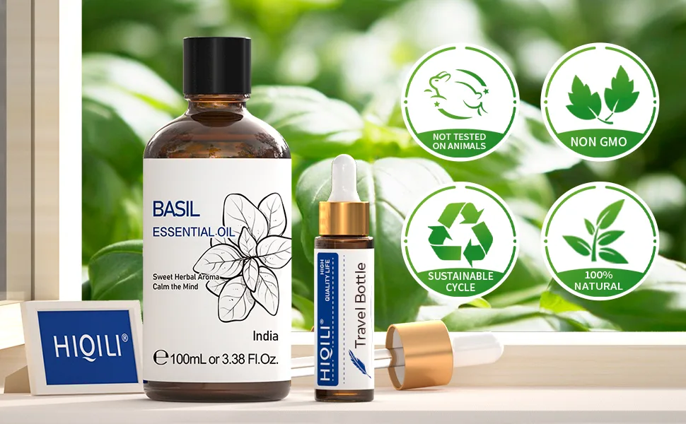 HIQILI Basil Essential Oil Pure Natural Basil Oil for Skin Diffuser -3.38 Fl Oz. Basil 100.00 ml (Pack of 1) - basil 2
