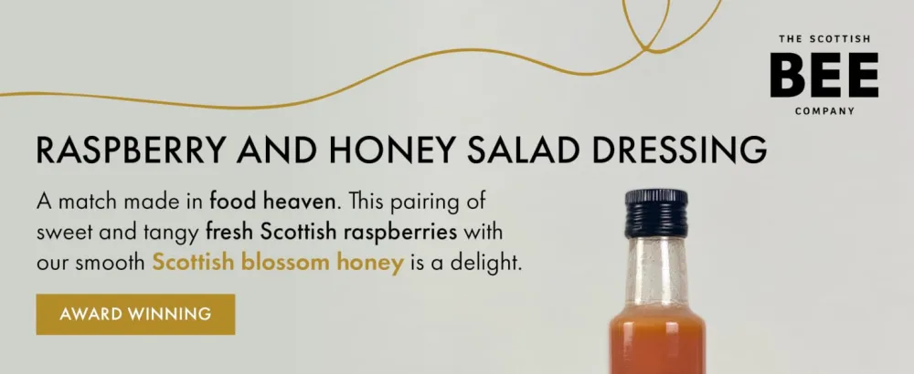 Raspberry & Honey Dressing from The Scottish Bee Company - Made Using Locally Sourced Blossom Honey and Fresh Wild Raspberries - bottle caesar ceasar Scottish bee blossom condiment sauce salad gift dressing honey raspberry