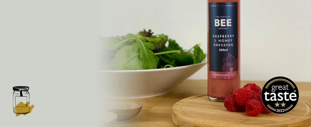 Raspberry & Honey Dressing from The Scottish Bee Company - Made Using Locally Sourced Blossom Honey and Fresh Wild Raspberries - bottle caesar ceasar Scottish bee blossom condiment sauce salad gift dressing honey raspberry