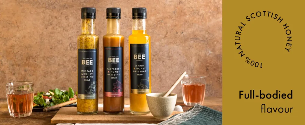Raspberry & Honey Dressing from The Scottish Bee Company - Made Using Locally Sourced Blossom Honey and Fresh Wild Raspberries - bottle caesar ceasar Scottish bee blossom condiment sauce salad gift dressing honey raspberry