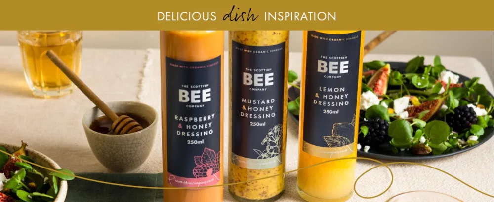 Raspberry & Honey Dressing from The Scottish Bee Company - Made Using Locally Sourced Blossom Honey and Fresh Wild Raspberries - bottle caesar ceasar Scottish bee blossom condiment sauce salad gift dressing honey raspberry