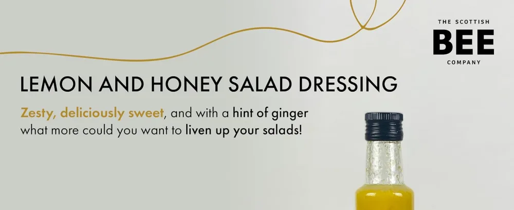 Lemon & Honey Dressing from The Scottish Bee Company - Made Using Locally Sourced Blossom Honey Lemon Juice and Ginger for Zingy Salads - bottle caesar ceasar Scottish bee blossom condiment sauce salad gift dressing honey raspberry