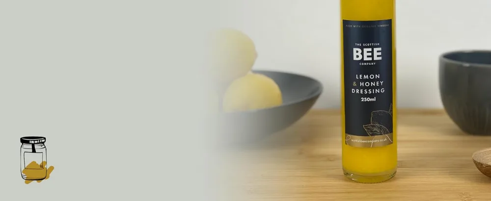Lemon & Honey Dressing from The Scottish Bee Company - Made Using Locally Sourced Blossom Honey Lemon Juice and Ginger for Zingy Salads - bottle caesar ceasar Scottish bee blossom condiment sauce salad gift dressing honey raspberry