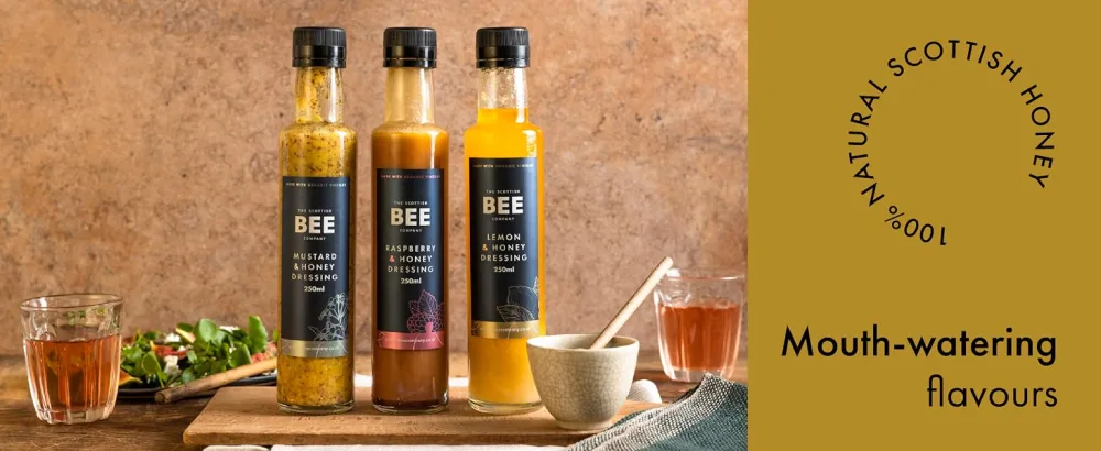 Lemon & Honey Dressing from The Scottish Bee Company - Made Using Locally Sourced Blossom Honey Lemon Juice and Ginger for Zingy Salads - bottle caesar ceasar Scottish bee blossom condiment sauce salad gift dressing honey raspberry
