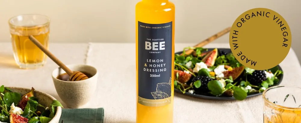 Lemon & Honey Dressing from The Scottish Bee Company - Made Using Locally Sourced Blossom Honey Lemon Juice and Ginger for Zingy Salads - bottle caesar ceasar Scottish bee blossom condiment sauce salad gift dressing honey raspberry