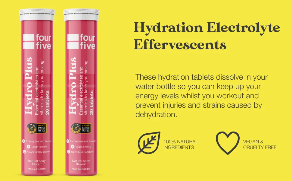 fourfive Hydrate Electrolytes - Essential Electrolytes & Vitamins with Magnesium & Calcium for Sports Hydration Vegan & Low Calorie Berry Flavour (20 Effervescent Tablets) - fourfive hydration hydro plus effercescents tablets