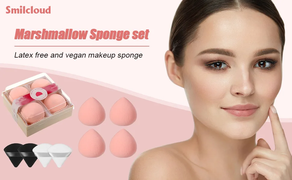 Smilcloud 4 Pcs Makeup Sponges Ultra Soft Expanding Marshmallow Sponge Makeup Beauty Blender Concealer Blenders Makeup Foundation Sponge with 4 Pcs Powder Puff - Makeup Sponges