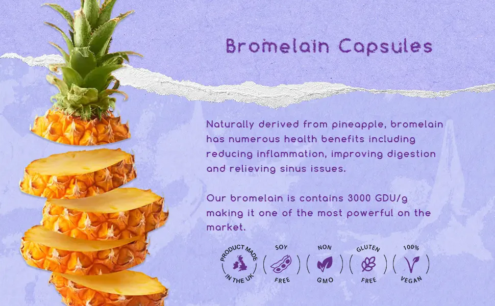 Bromelain Capsules - High Strength 3000 GDU - Highly Dosed 500mg per Capsule - Naturally Derived from Pineapple - UK Made - Zero Additives - Vegan - Pullulan (120 Count (Pack of 1)) - Bromelain Capsules