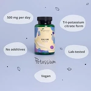 Potassium Citrate Capsules Vegavero | Optimally Dosed 500mg | NO Additives | Vegan Potassium Supplement | 180 Capsules - Potassium