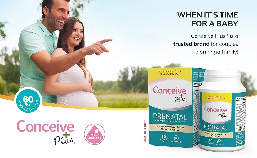 Conceive Plus Prenatal - Multivitamin + DHA Choline Folate. Non GMO Supplement During Pregnancy 30 Days Supply 60 Caps - fertility supplement vitamins