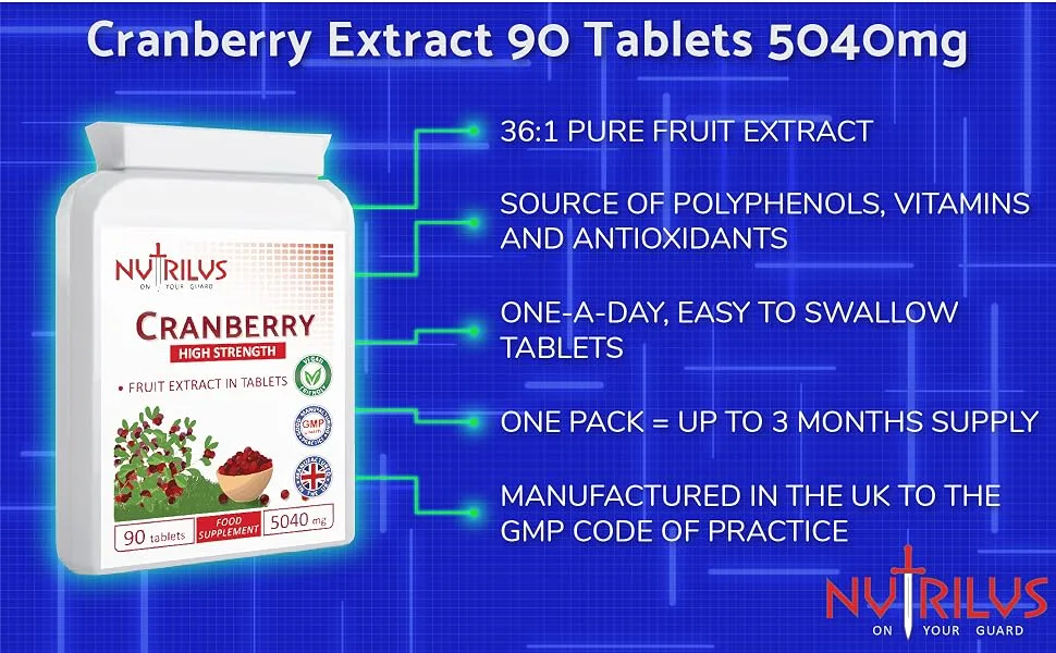 Cranberry Extract 90 Tablets 5040mg - High Strength - One Daily - UTI Prevention - Urinary Tract Bladder Support - Cranberry Extract 90 Tablets 5040mg - polyphenols, vitamins and antioxidants, UK made