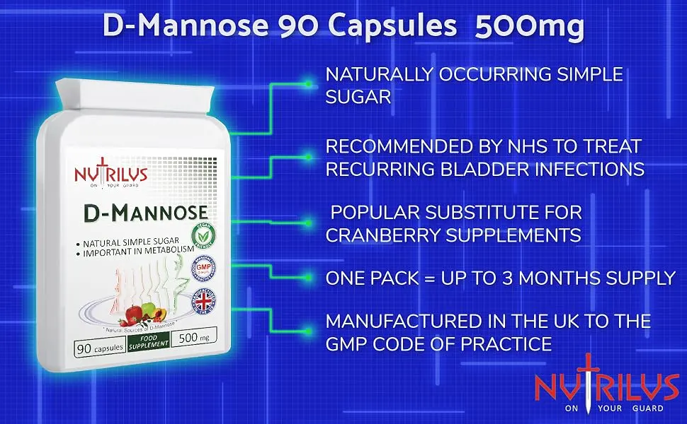D-Mannose 90 Capsules 500mg - 1000mg per Serving - Pure Extract - Vegan - not Tablets - Urinary Tract - Bladder Infections - UTI - D Mannose Capsules bladder infections uti