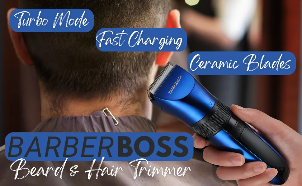 BarberBoss Cordless Self-Sharpening Beard & Hair Trimmer - Waterproof with Ceramic Blades LED Display Fast Charging and 8 Color Comb Attachments QR-2082 - 2082
