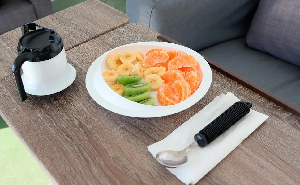 KMINA - Bendable Spoon for Elderly Curved Spoon with Grip Handle Adaptive Eating Utensils Padded Cutlery for Disabled Ergonomic Cutlery for Adults Easy Grip Spoon for Disabled - Non Slip Plate Disabled Scooper Suction Base Elderly Disability Raised Edge Scoop Eating Parkinsons