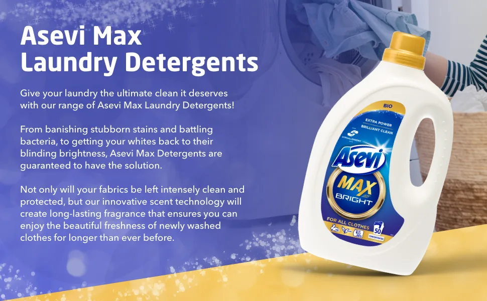 Asevi Max Hypoallergenic Bio Laundry Detergent Concentrated Liquid Laundry Cleanser Bright 2.5L 50 Washes - Max bright about