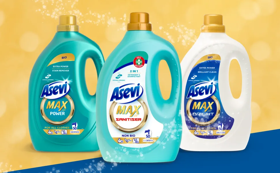 Asevi Max Hypoallergenic Bio Laundry Detergent Concentrated Liquid Laundry Cleanser Bright 2.5L 50 Washes - Max range