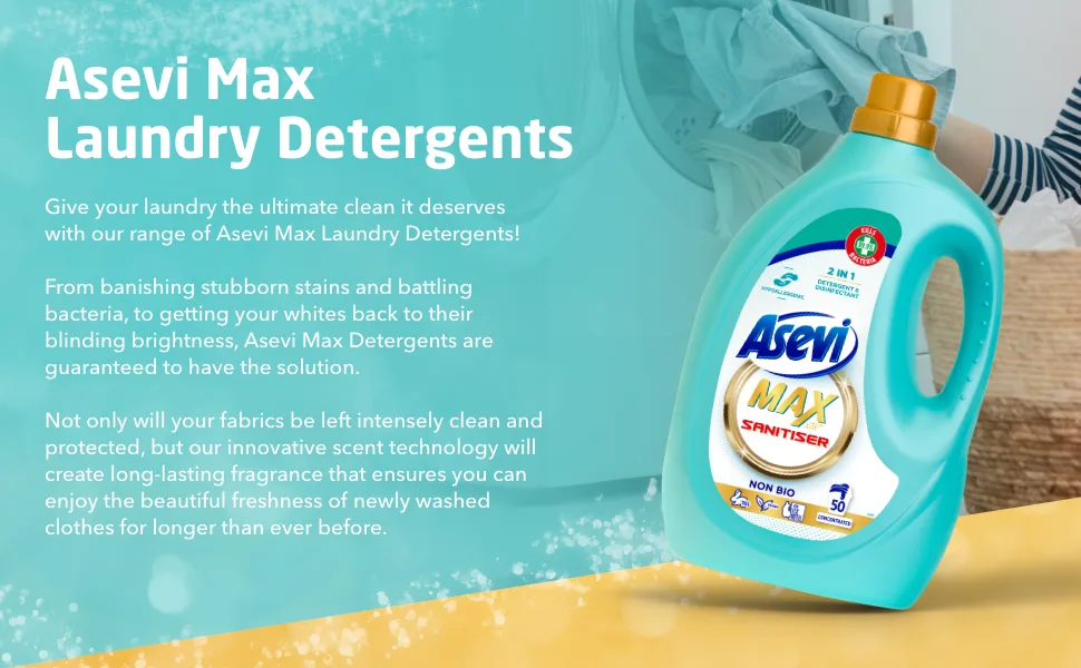 Asevi Max Hypoallergenic Non-Bio Laundry Detergent Concentrated Disinfectant Washing Liquid Laundry Cleanser Sanitiser 2.5L 50 Washes - Max Sanitiser about