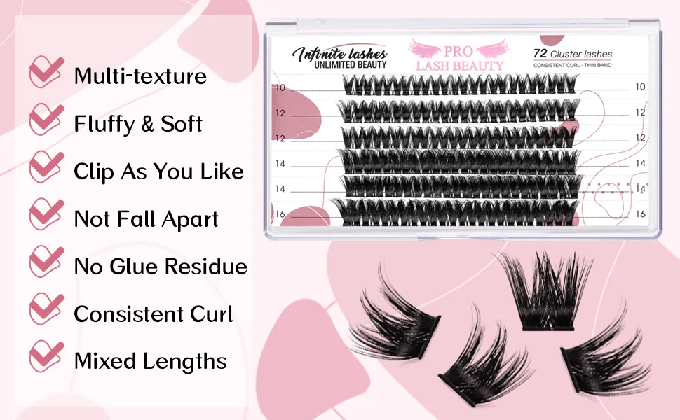 Cluster Lashes 72 Pcs Lash Clusters 2 in 1 DIY Eyelash Extension Individual Cluster Eyelashes Blush Style Self-Application Fluffy Super Thin Band Reusable Soft & Comfortable(Blush-D-10-16mix) 10-16 mix Blush - product information 28