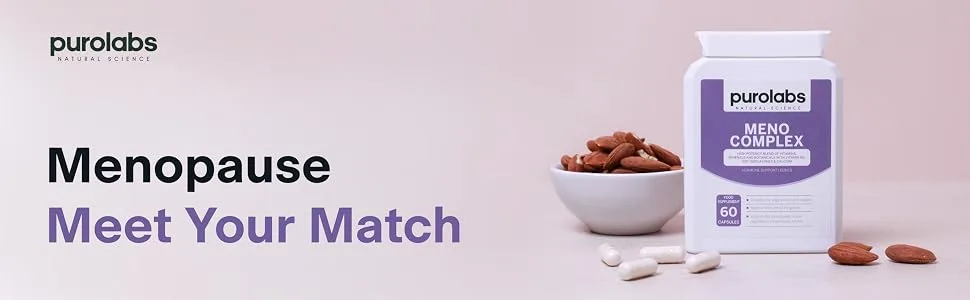 Menopause Complex Supplement - Natural Relief for Hot Flushes & Night Sweats - Menopause Vitamins for Women - 60 Capsules - Made in The UK - A bottle of menopause supplement, next to the text: Menopause Meet Your Match
