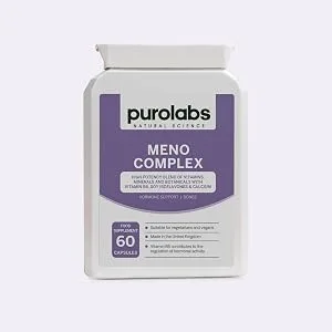 Menopause Complex Supplement - Natural Relief for Hot Flushes & Night Sweats - Menopause Vitamins for Women - 60 Capsules - Made in The UK - A Puro Meno Complex bottle supplement