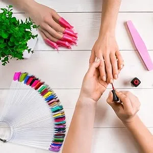 Pinkiou 100 Fan Shaped Nail Colour Sample Nail Polish Display Sticks False Nail Tips Nail Art Practice Tools With Metal Display Ring 100pcs-Transparent - nail colour display