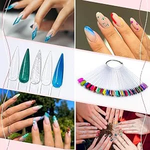 Pinkiou 100 Fan Shaped Nail Colour Sample Nail Polish Display Sticks False Nail Tips Nail Art Practice Tools With Metal Display Ring 100pcs-Transparent - Nail colour display