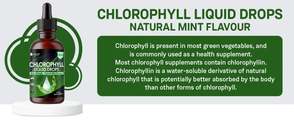 Liquid Chlorophyll - Chlorophyll Drops for Water 100ml for 100 Servings - High Strength 100mg Chlorophyll Liquid Drink - Made in UK by New Leaf Products - chlorophyll liquid drops