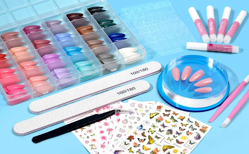 720PCS Almond Press on Nails Medium MORGLES 24 Colors False Nails with Glue Adhesive Tabs Stickers Tweezer 10 Sizes Medium Glossy Almond - press on nails