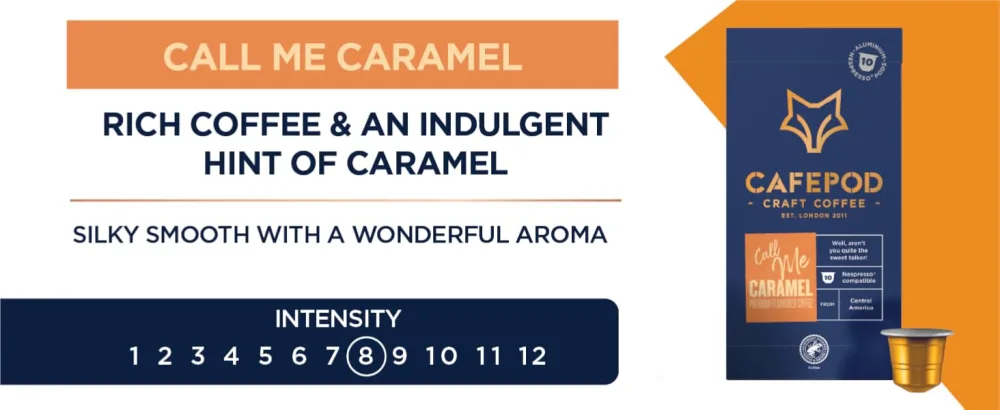 CafePod Flavoured Coffee Pods Nespresso Compatible Caramel 60 Aluminium Capsules Caramel 60 count (Pack of 1) - Caramel flavoured coffee - Intensity 8