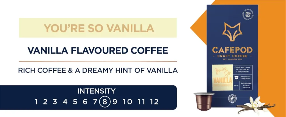 CafePod Flavoured Coffee Pods Nespresso Compatible Vanilla 60 Aluminium Capsules Vanilla 60 count (Pack of 1) - Vanilla flavoured coffee - Intensity 8