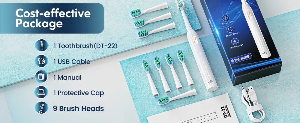 Dada-Tech Sonic Electric Toothbrush for Adults with 90% Rounded Bristles 5 Cleaning Modes 2-Minute Timer and 9 Replacement Reminder Brush Heads (White) - phillips sonicare electric toothbrush