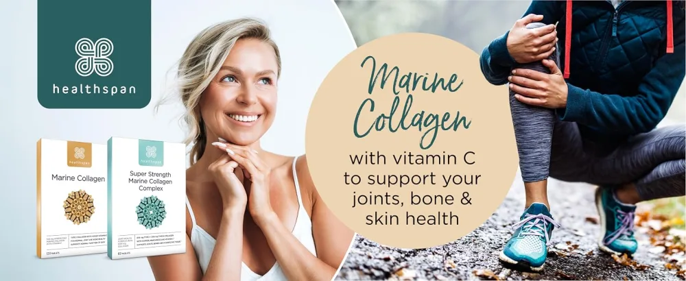 Healthspan 1 000mg Marine Collagen Complex 60 Tablets | 800mg Type I + 200mg Type II Collagen | Support Your Joints Bones & Connective Tissue | Added Benefits for Skin & Beauty - Healthspan Marine Collagen