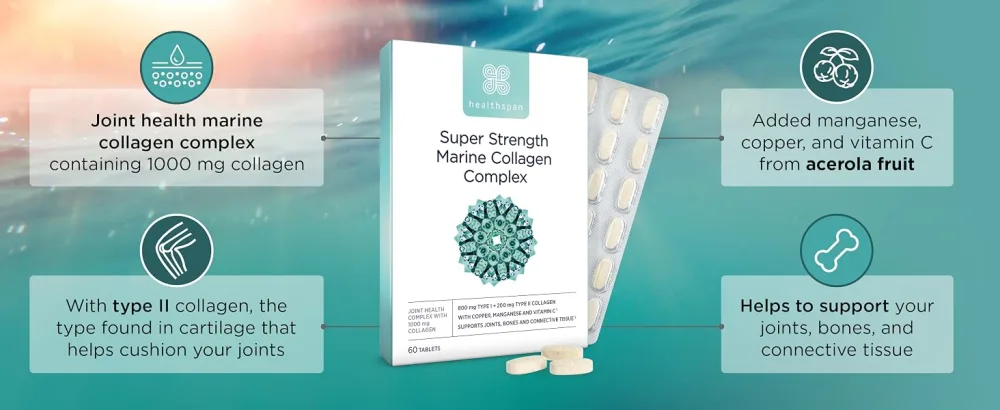 Healthspan 1 000mg Marine Collagen Complex 60 Tablets | 800mg Type I + 200mg Type II Collagen | Support Your Joints Bones & Connective Tissue | Added Benefits for Skin & Beauty - Key Points