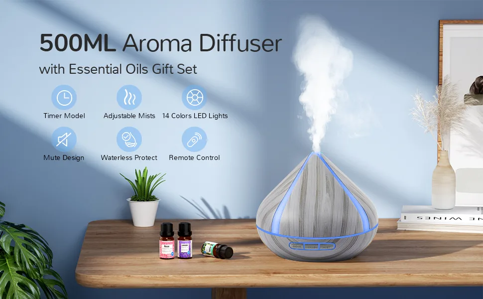 500ML Scented Oil Diffusers with 8 Essential Oils Set Aromatherapy Diffusers Air Freshener Humidifiers with Remote Control 4 Timer Auto-waterless Shut-off for Bedroom Large Room Gray - B0BGR6QRCT