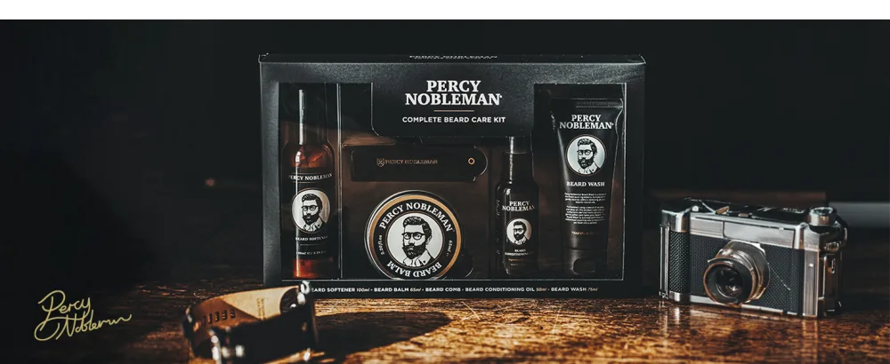 Percy Nobleman Complete Beard Care Kit containing a beard softener scented beard oil beard balm beard wash and folding acetate comb - beard grooming kit kits care beards percy nobleman wash oil moisturiser balm comb moustache mustache