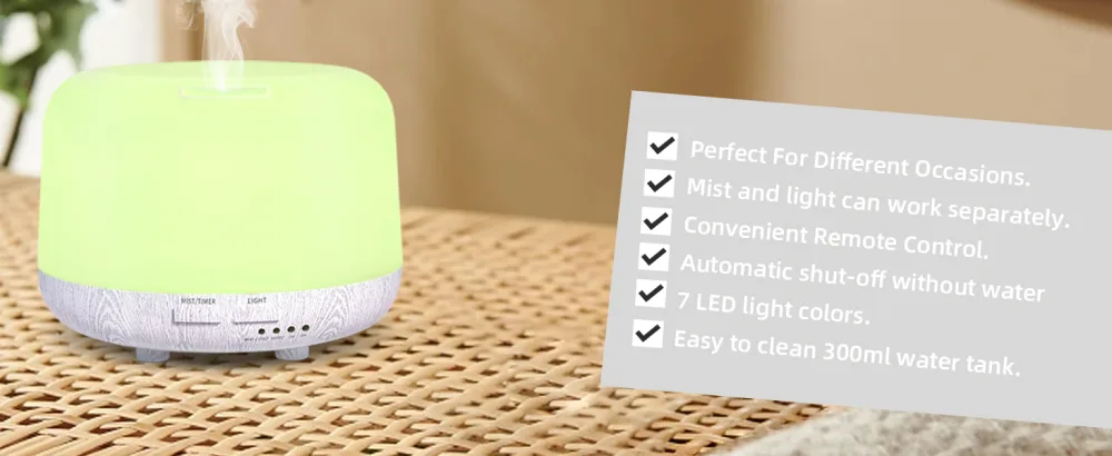 DIFFOFE 300ML Essential Oil Diffuser Cool Mist Air Aromatherapy Oil Diffuser with Remote Control 8 Hour Quiet Electric Home Diffuser 7 LED Light Colors Timer for Small Rooms Bedrooms White Wood Grain - product information 18