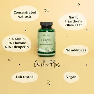 Hawthorn Garlic Vegavero | NO Additives | with Olive Leaf Extract | Allicin from Garlic Extract | Lab-Tested & Non-GMO | 90 Capsules | Vegan - garlic plus